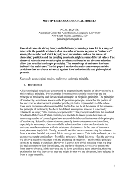 1 Multiverse Cosmological Models P.C.W. Davies