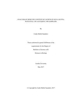 ANALYSIS of MERCURY CONTENT of LICHENS in NOVA SCOTIA: POTENTIAL USE AS PASSIVE AIR SAMPLERS by Cardy Hallett Saunders Thesis Su