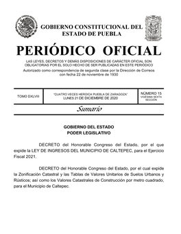 LEY DE INGRESOS DEL MUNICIPIO DE CALTEPEC, Para El Ejercicio Fiscal 2021