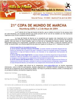 21ª COPA DE MUNDO DE MARCHA Naumburg (GER) 1 Y 2 De Mayo De 2004