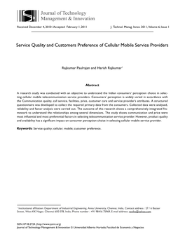 Service Quality and Customers Preference of Cellular Mobile Service Providers