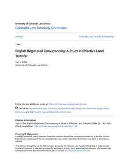 English Registered Conveyancing: a Study in Effective Land Transfer