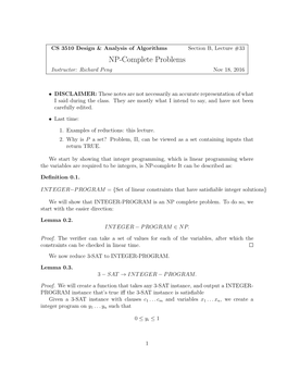 NP-Complete Problems Instructor: Richard Peng Nov 18, 2016