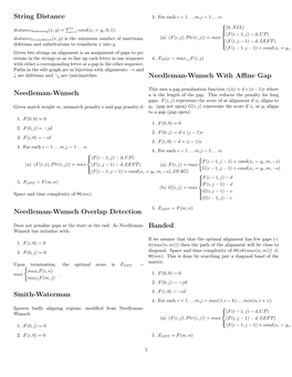 String Distance Needleman-Wunsch Needleman-Wunsch Overlap Detection Smith-Waterman Needleman-Wunsch with Affine Gap Banded