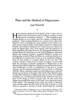 Plato and the Method of Hippocrates Mansfeld, Jaap Greek, Roman and Byzantine Studies; Winter 1980; 21, 4; Periodicals Archive Online Pg