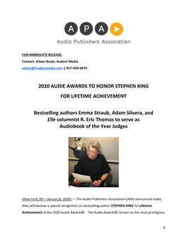 2020 Audie Awards to Honor Stephen King for Lifetime Achievement