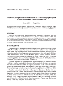 Two New Coleopterous Hosts Records of Tachinidae (Diptera) with a New Tachinid for the Turkish Fauna