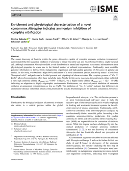 Enrichment and Physiological Characterization of a Novel Comammox Nitrospira Indicates Ammonium Inhibition of Complete Nitrifica