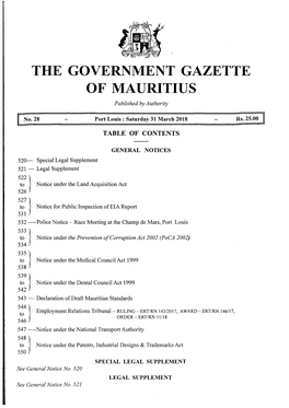 THE GOVERNMENT GAZETTE of MAURITIUS Published by Authority