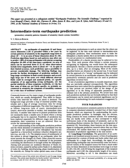 Intermediate-Term Earthquake Prediction (Premonitory Seismicity Patterns/Dynamics of Seismicity/Chaotic Systems/Instability) V