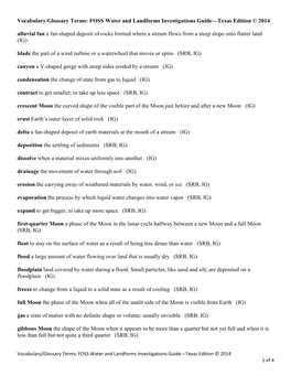 Vocabulary/Glossary Terms: FOSS Water and Landforms Investigations Guide—Texas Edition © 2014