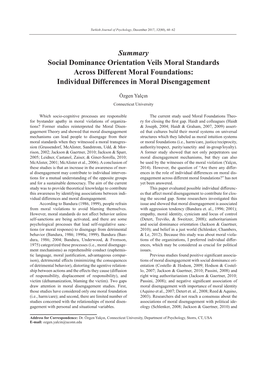 Summary Social Dominance Orientation Veils Moral Standards Across Different Moral Foundations: Individual Differences in Moral Disengagement