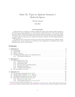 Topics in Algebraic Geometry I. Berkovich Spaces