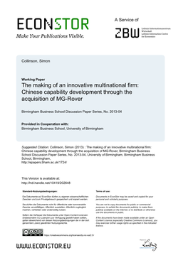 Chinese Capability Development Through the Acquisition of MG Rover