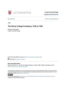 The Shimer College Presidency: 1930 to 1980