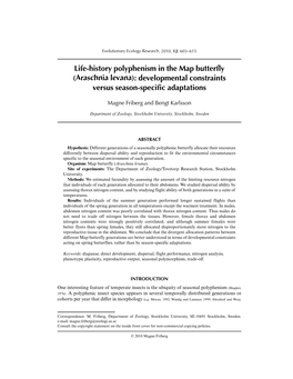 Araschnia Levana): Developmental Constraints Versus Season-Specific Adaptations