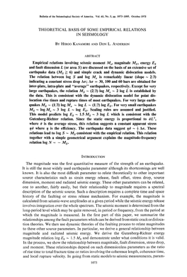 THEORETICAL BASIS of SOME EMPIRICAL RELATIONS in SEISMOLOGY by HIROO KANAMORI and DON L. ANDERSON ABSTRACT Empirical Relations I