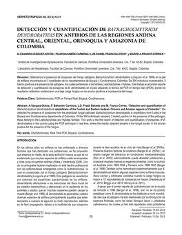 Detección Y Cuantificación De Batrachochytrium Dendrobatidis En Anfibios De Las Regiones Andina Central, Oriental, Orinoquia Y Amazonia De Colombia