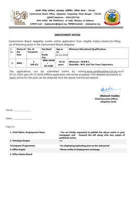 Cantonment Board Jalapahar Invites Online Application from Eligible Indian Citizens for Filling up of Following Posts in the Cantonment Board Jalapahar