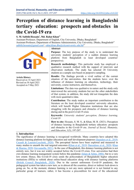 Perception of Distance Learning in Bangladeshi Tertiary Education: Prospects and Obstacles in the Covid-19 Era S