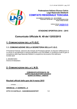 Comunicato Ufficiale N. 49 Del 12/03/2015 COMITATO