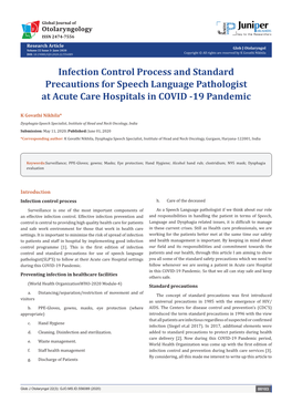 Infection Control Process and Standard Precautions for Speech Language Pathologist at Acute Care Hospitals in COVID -19 Pandemic