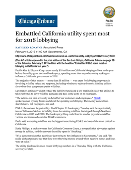 Embattled California Utility Spent Most for 2018 Lobbying