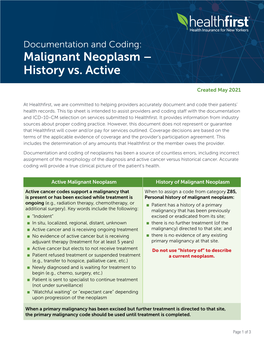 Documentation and Coding: Malignant Neoplasm – History Vs