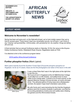 African Butterfly News (2019-5) Includes a Brief Report of an Aberrant Lepidochrysops Plebeia That Was Found in That Period—A Singular Christmas Gift