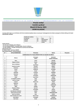 Procès-Verbal Comité Syndical Mardi 23 Février 2021 19240 ALLASSAC