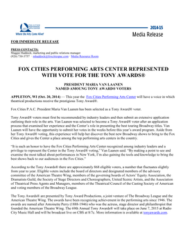 Fox Cities Performing Arts Center Represented with Vote for the Tony Awards®