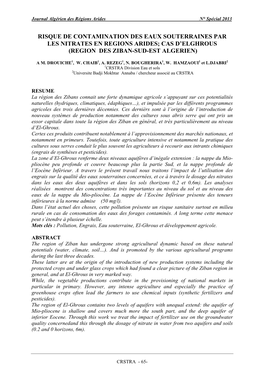 Risque De Contamination Des Eaux Souterraines Par Les Nitrates En Regions Arides; Cas D’Elghrous (Region Des Ziban-Sud-Est Algerien)