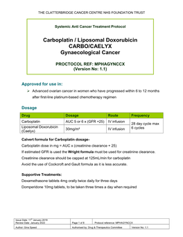 Carboplatin & Liposomal Doxorubicin CARBO-CAELYX Gynaecological Cancer Protocol