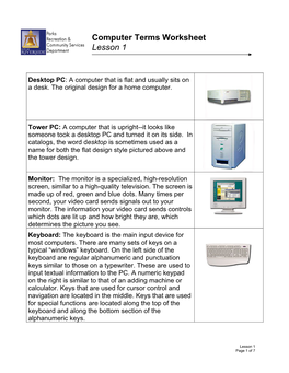 Computer Terms Worksheet Lesson 1