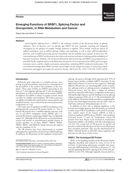 Emerging Functions of SRSF1, Splicing Factor and Oncoprotein, in RNA Metabolism and Cancer