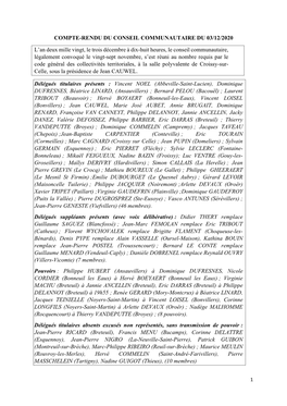 Compte-Rendu Du Conseil Communautaire Du 03/12/2020