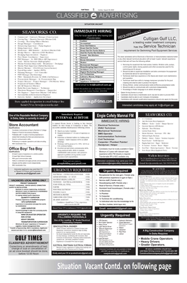 Situation Vacant Contd. on Following Page Gulf Times 2 Sunday, August 30, 2020 CLASSIFIED ADVERTISING