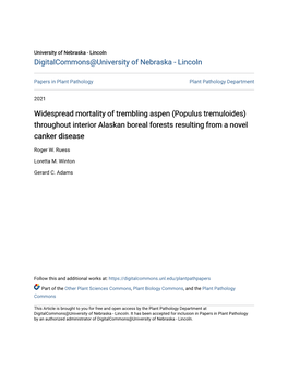 Widespread Mortality of Trembling Aspen (Populus Tremuloides) Throughout Interior Alaskan Boreal Forests Resulting from a Novel Canker Disease