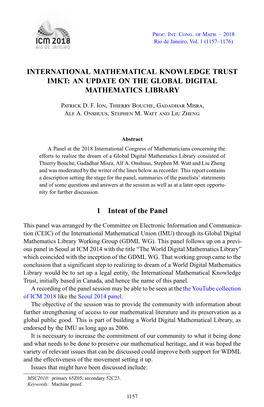 International Mathematical Knowledge Trust Imkt: an Update on the Global Digital Mathematics Library