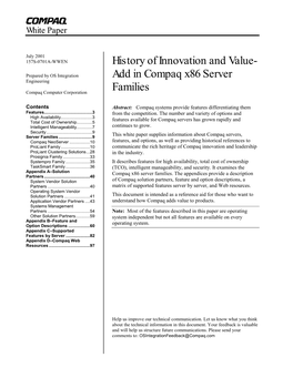 History of Innovation and Value-Add in Compaq X86 Server Families 2