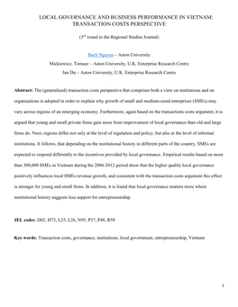 Local Governance and Business Performance in Vietnam: Transaction Costs Perspective