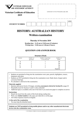 2019 History: Australian History Written Examination