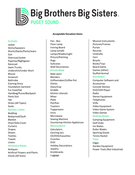 Acceptable Donation Items Jacket Shirts/Sweaters Shorts/Slacks/Pants/Jeans Suit Overcoat/Jacket Pajamas/Nightgown Raincoat Swim
