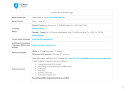 1 Fact Sheet for Student Exchange Name of University Universidade