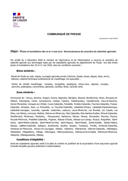 Communiqué De Presse Calamités Agricoles