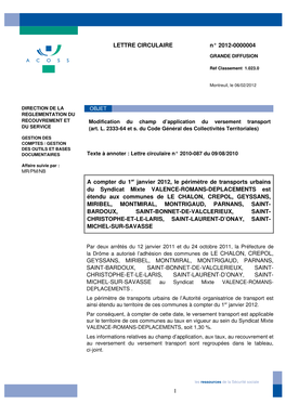 LETTRE CIRCULAIRE N° 20120000004 a Compter Du 1Er