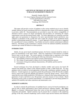 A REVIEW of the ROLE of GRAIN SIZE in BEACH NOURISHMENT PROJECTS Donald K. Stauble, Phd, PG U.S. Army Engineer Research and Deve