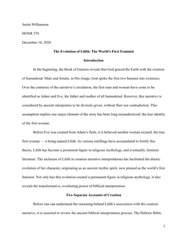 Justin Williamson HONR 370 December 14, 2020 the Evolution of Lilith: the World's First Feminist Introduction in the Beginning