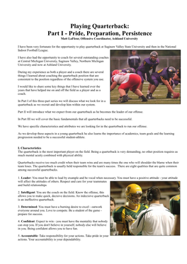 Playing Quarterback: Part I - Pride, Preparation, Persistence Matt Lafleur, Offensive Coordinator, Ashland University