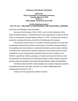 Testimony of the Board of Dentistry Before the House Committee on Intrastate Commerce Tuesday, March 12, 2019 10:00 A.M. State